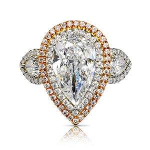 Diamond Ring Pear Shape Cut 7 Carat Three Stone in Platinum & 18K Gold Front View
