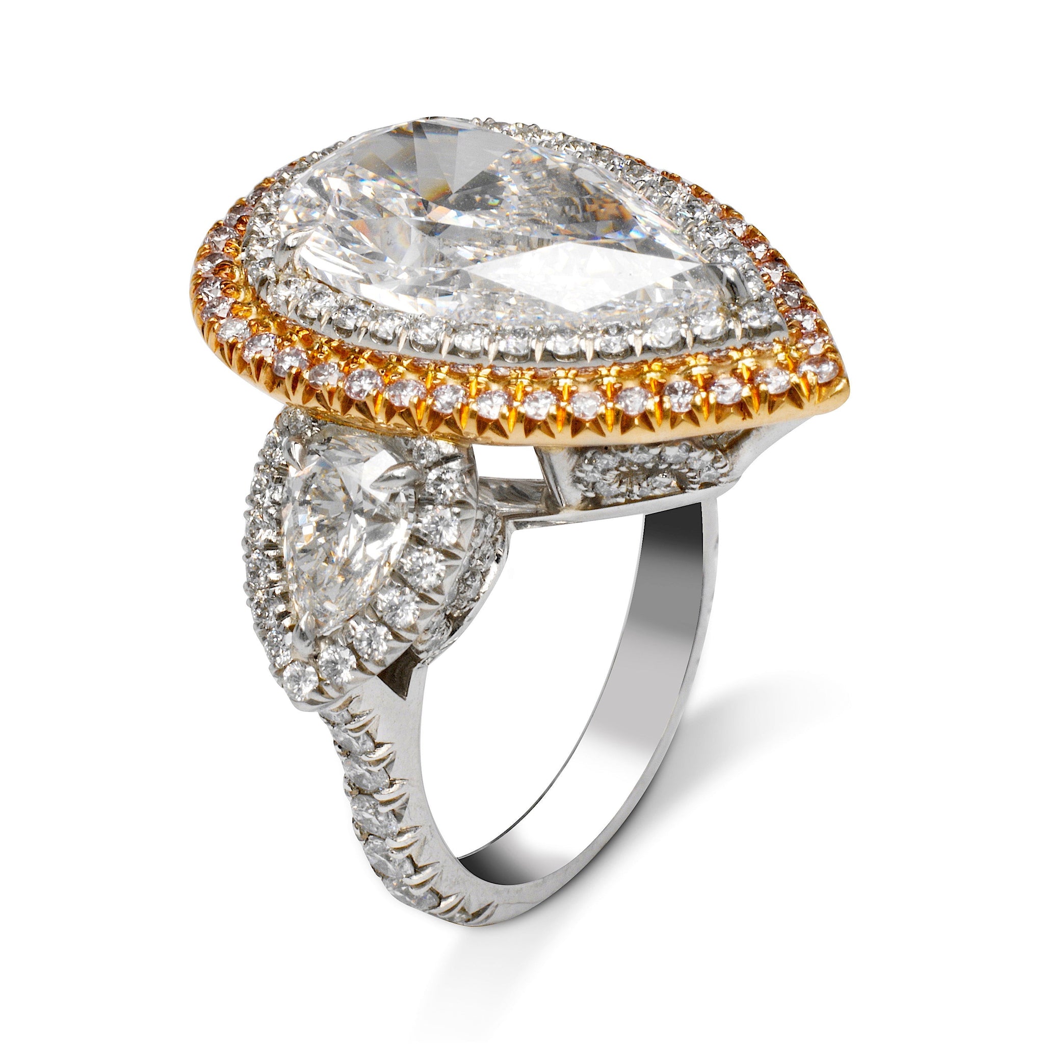 Diamond Ring Pear Shape Cut 7 Carat Three Stone in Platinum & 18K Gold Side View