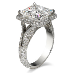 Diamond Ring Princess Cut 7 Carat Halo Ring in 18K White Gold Side View