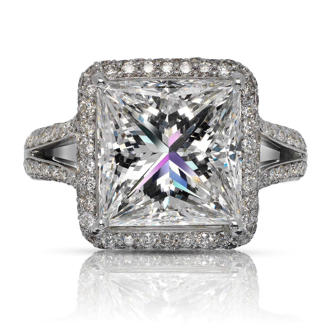 Diamond Ring Princess Cut 7 Carat Halo Ring in 18K White Gold Front View