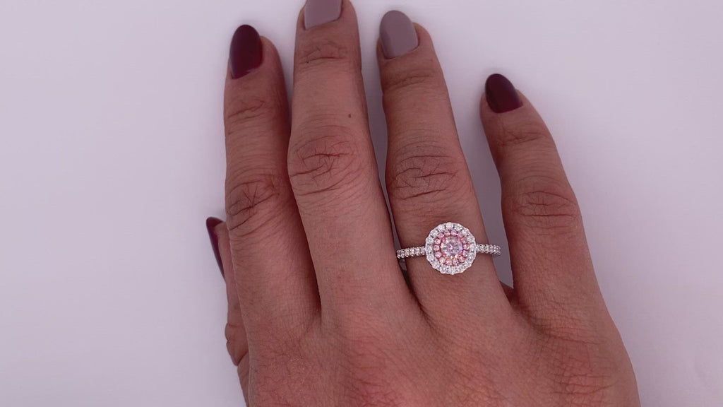 Orangy Pink Diamond Ring Round Cut Halo Ring in 18K White Gold Video on Hand