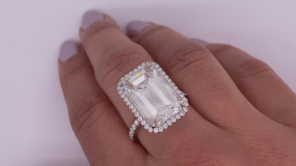 Diamond Ring Emerald Cut 13 Carat Halo Ring in Platinum Video on Hand