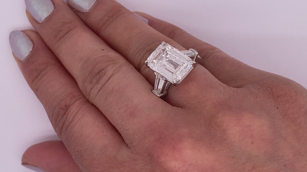 Diamond Ring Emerald Cut 7 Carat Three Stone Ring in Platinum Video on Hand