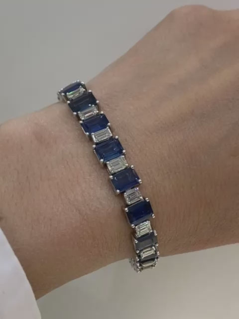 Dallas 28 Carat Blue Emerald Cut Sapphire and Diamond Single Row Bracelet on wrist Video