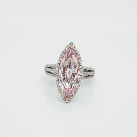 Pink Diamond Ring Marquise Cut 5 Carat Halo Ring in 18k Gold  360  View