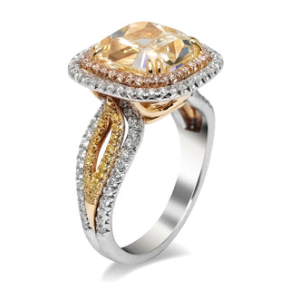 Light Yellow Diamond Ring Cushion Cut 8 Carat Halo Ring in Platinum Side View