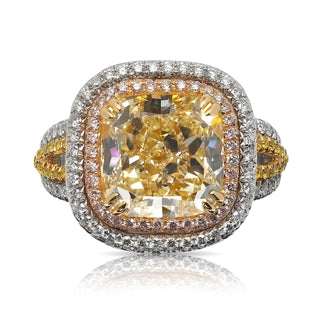 Light Yellow Diamond Ring Cushion Cut 8 Carat Halo Ring in Platinum Front View