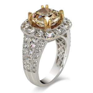 Yellow Diamond Ring Cushion Cut 8 Carat  Double Halo Ring in 18K Gold Side View
