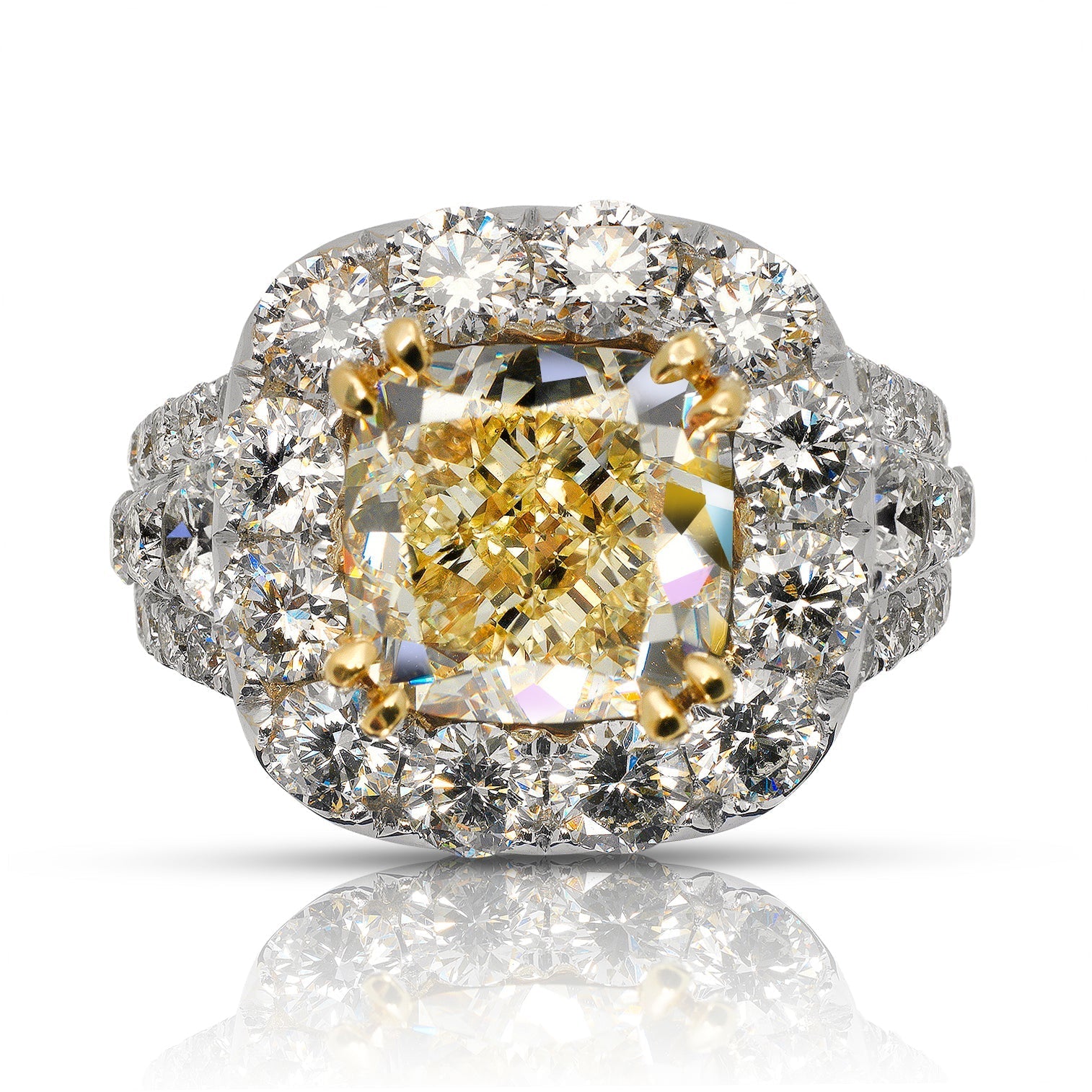 Yellow Diamond Ring Cushion Cut 8 Carat  Double Halo Ring in 18K Gold Front View