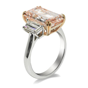 Orangy Pink Diamond Ring Emerald Cut 8 Carat Three Stone Ring in Platinum Side View