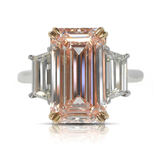Orangy Pink Diamond Ring Emerald Cut 8 Carat Three Stone Ring in Platinum Front View