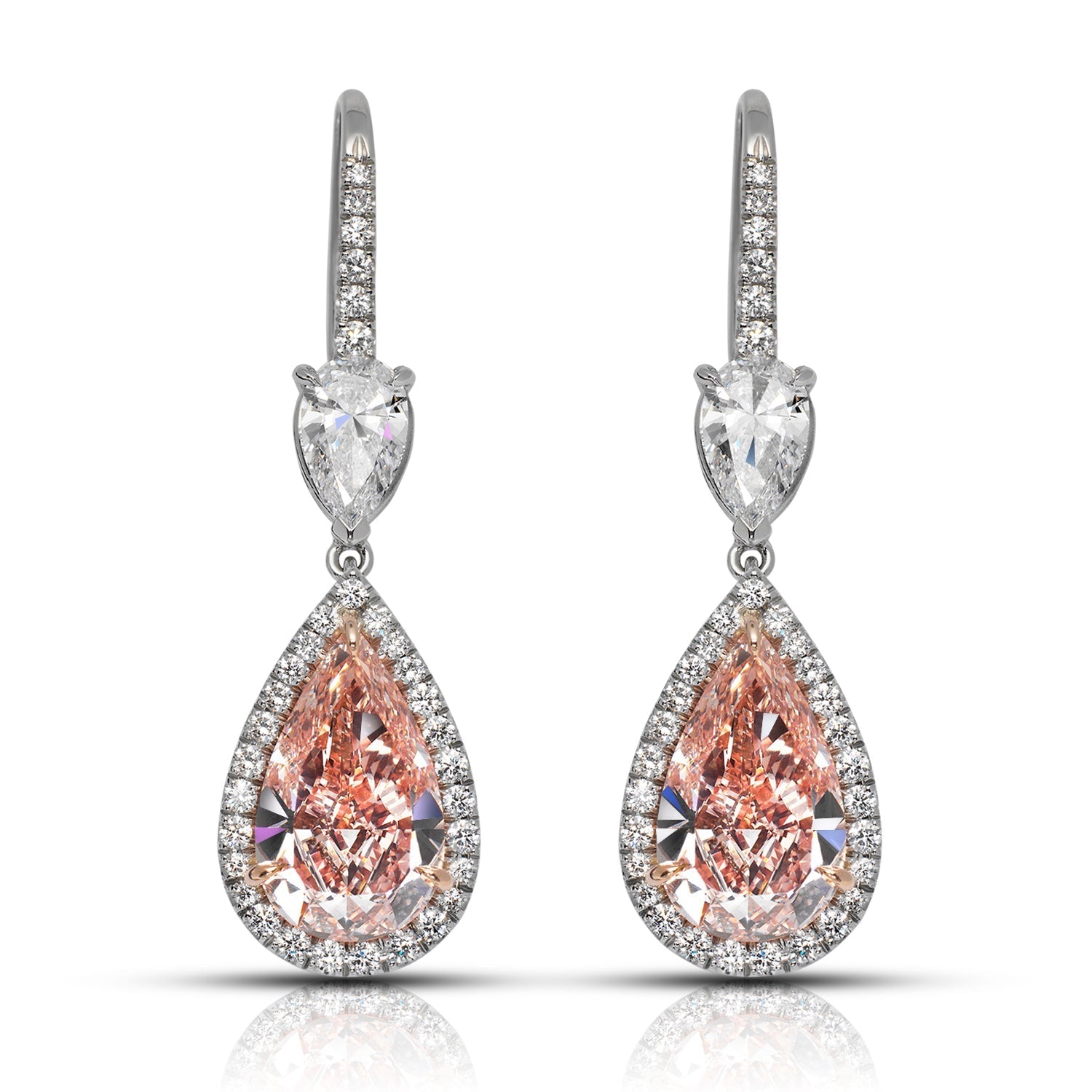 Pink Diamond Earrings Pear Shape Cut 8 Carat Halo Earrings in Platinum & 18K White Gold Front View