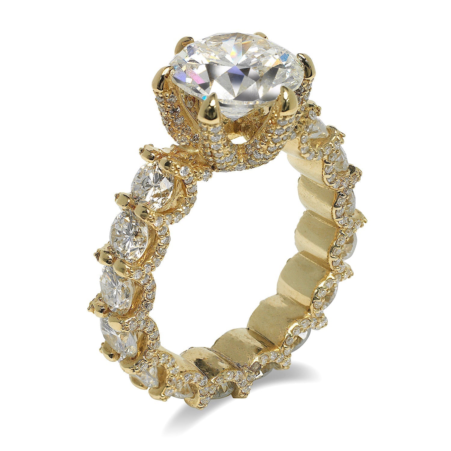 Diamond Ring Round Cut 8 Carat Sidestone  Ring in 18K Yellow Gold SideView