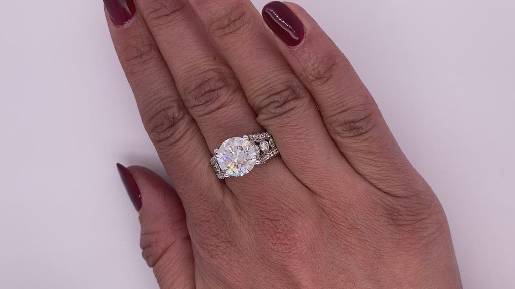 Diamond Ring Round Cut 6 Carat Sidestone Ring in 18K White Gold Video on Hand