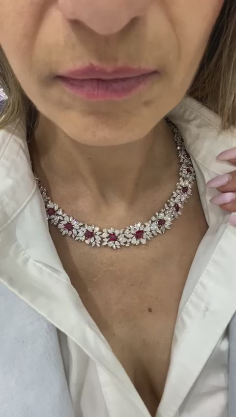 Briana 43 Carats Red Pear Shape Ruby Diamond Necklace Video