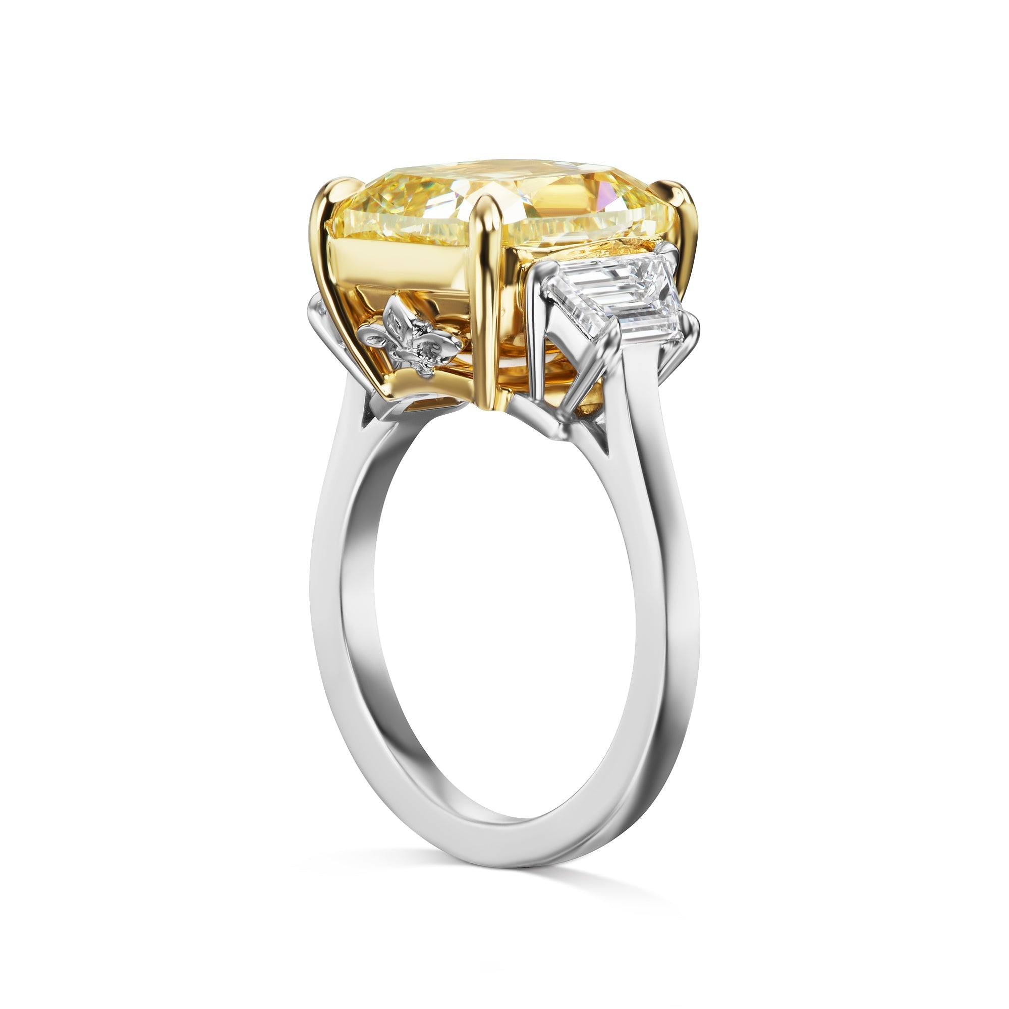Yellow Diamond Ring Cushion Cut 9 Carat Three Stone Ring in Platinum Side View