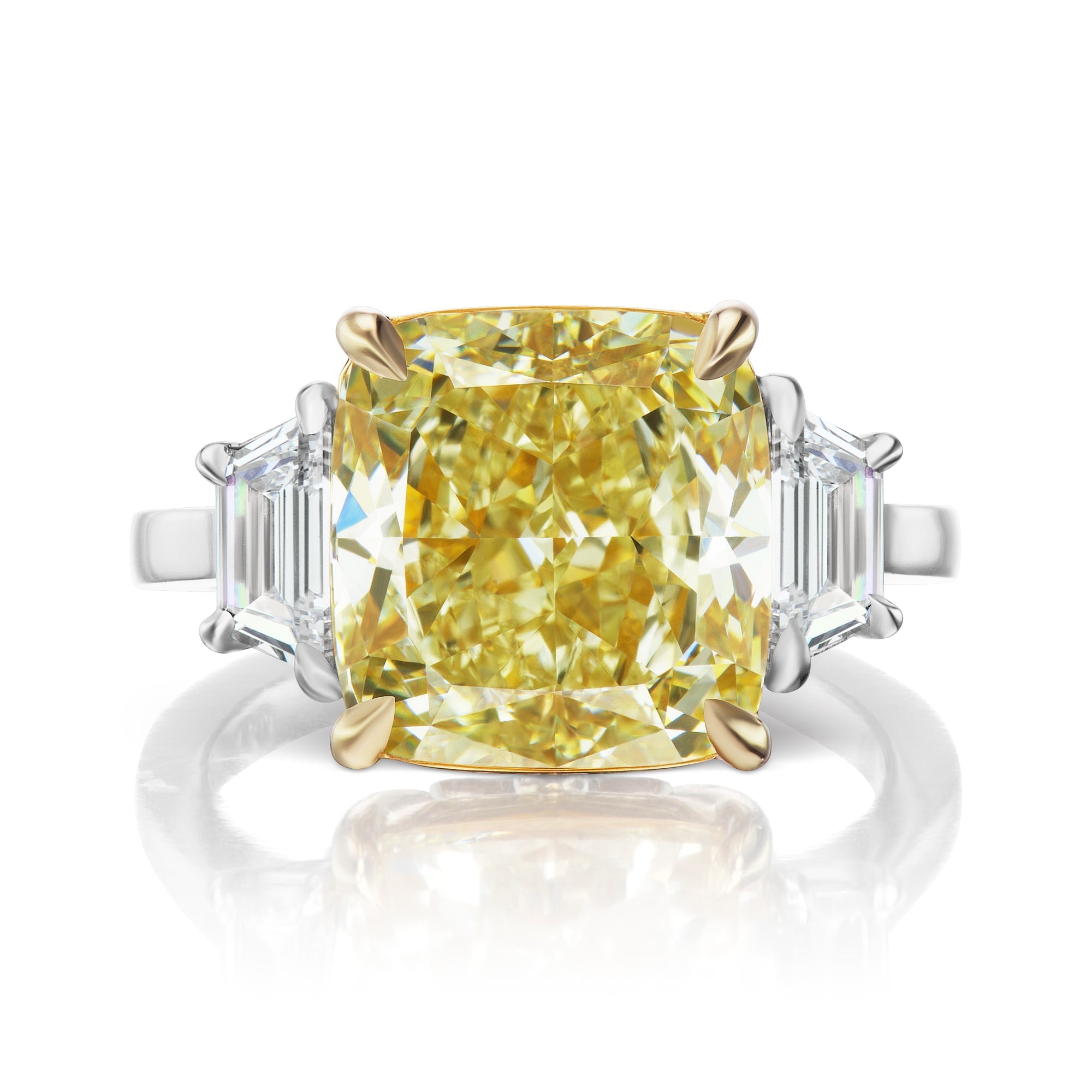 Yellow Diamond Ring Cushion Cut 9 Carat Three Stone Ring in Platinum Front View
