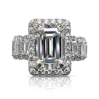 Diamond Ring Emerald Cut 9 Carat Halo Ring in 18K White Gold Front View