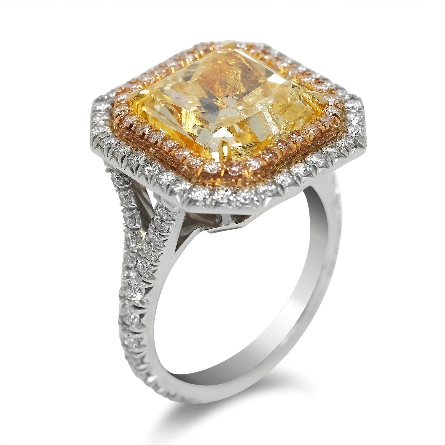 Yellow Diamond Ring Radiant Cut 9 Carat Halo Ring in Platinum & 18K Gold Side View
