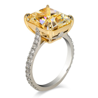 Yellow Diamond Ring Radiant Cut 9 Carat Sidestone Ring in Platinum and 18K Gold Side View