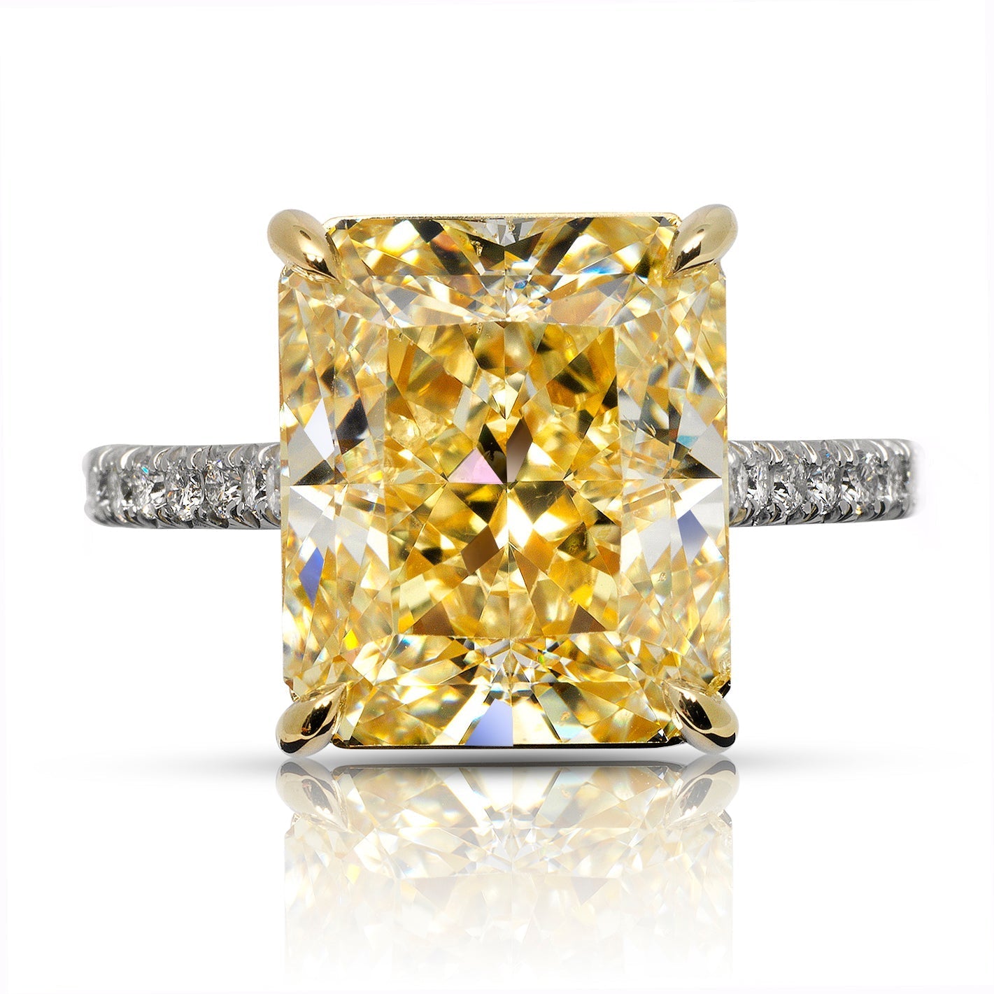 Yellow Diamond Ring Radiant Cut 9 Carat Sidestone Ring in Platinum and 18K Gold Front View