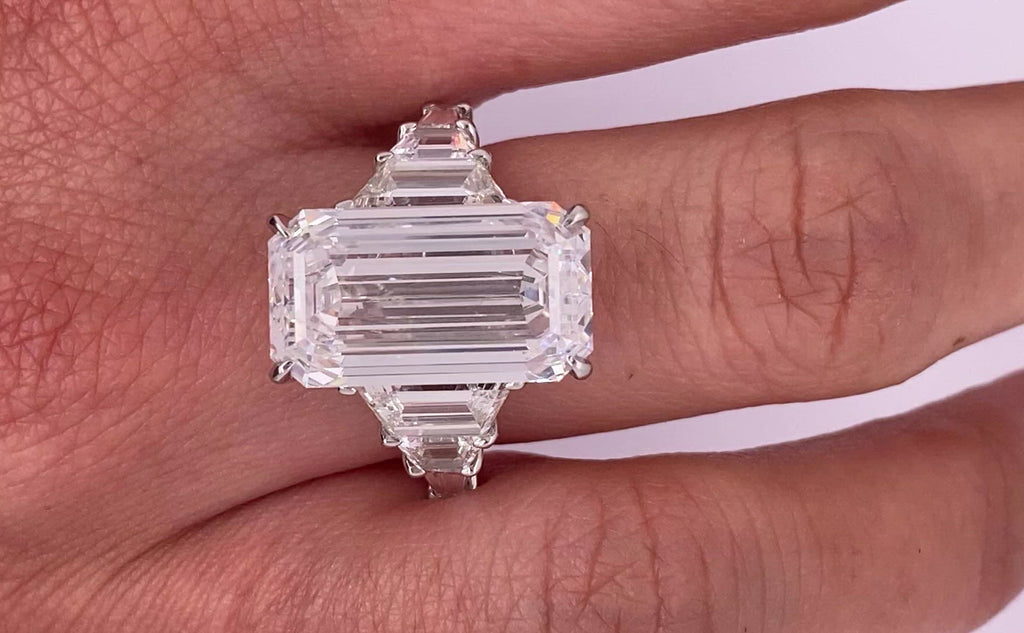 Diamond Ring Emerald Cut 14 Carat Three Stone Ring in Platinum Video on Hand