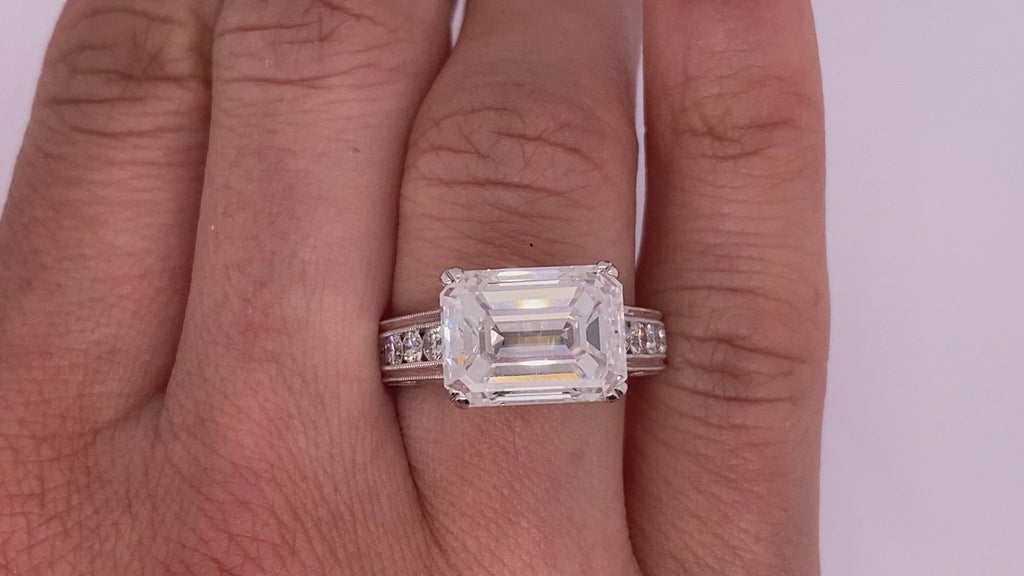Diamond Ring Emerald Cut 7 Carat Sidestone Ring in 18k White Gold  Video on Hand