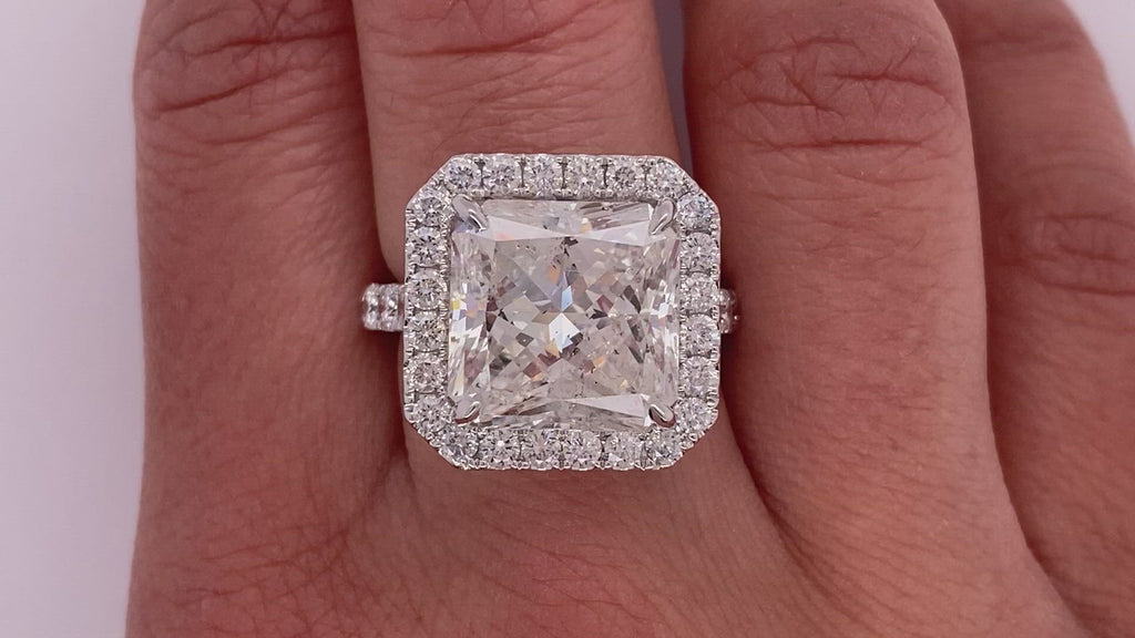 Diamond Ring Radiant Cut 13 Carat Halo Ring in 18K  White Gold Video on Hand