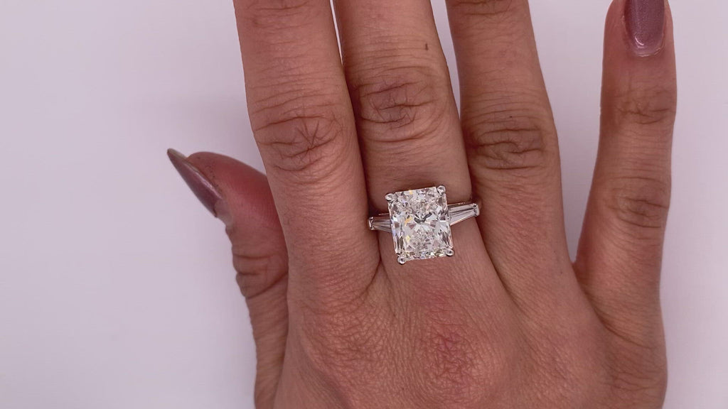 Diamond Ring Radiant Cut 5 Carat Three Stone Ring In Platinum Video on Hand