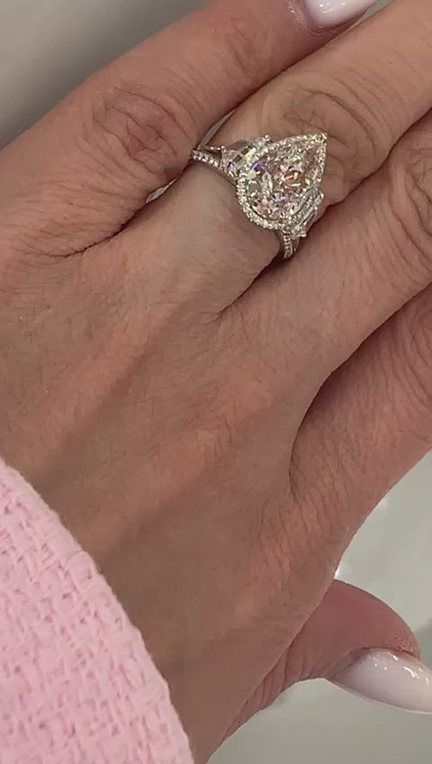 Ximena 5 Carat Light Pink VS2 Pear Shape Diamond Engagement Ring in 18k White Gold Video 1