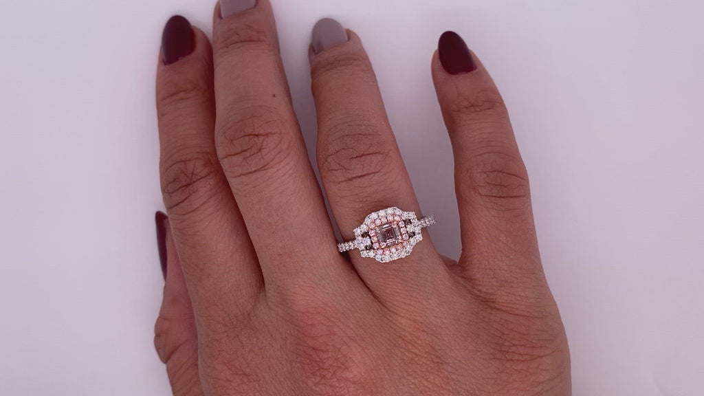 Diamond Ring Asscher Cut 0.35 Carat double halo diamond sidestone  ring in 18K  Gold Video on Hand