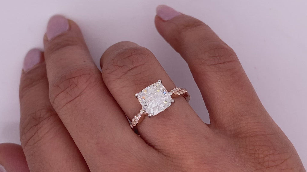 Light Pink Diamond Ring Cushion Cut 3 Carat Sidestone Ring in 18K Rose Gold Video on Hand