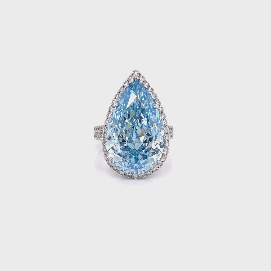 Blue Diamond Ring Pear Shape Cut 15 Carat Halo Ring in 18K White Gold 360 View