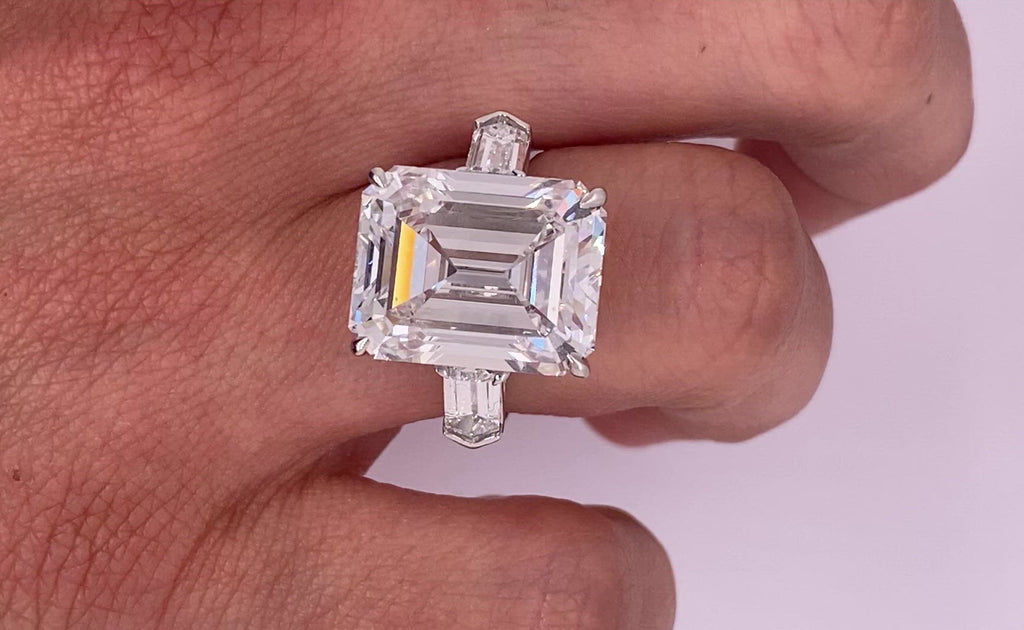 Diamond Ring Emerald Cut 15 Carat Three Stone Ring in Platinum Video on Hand
