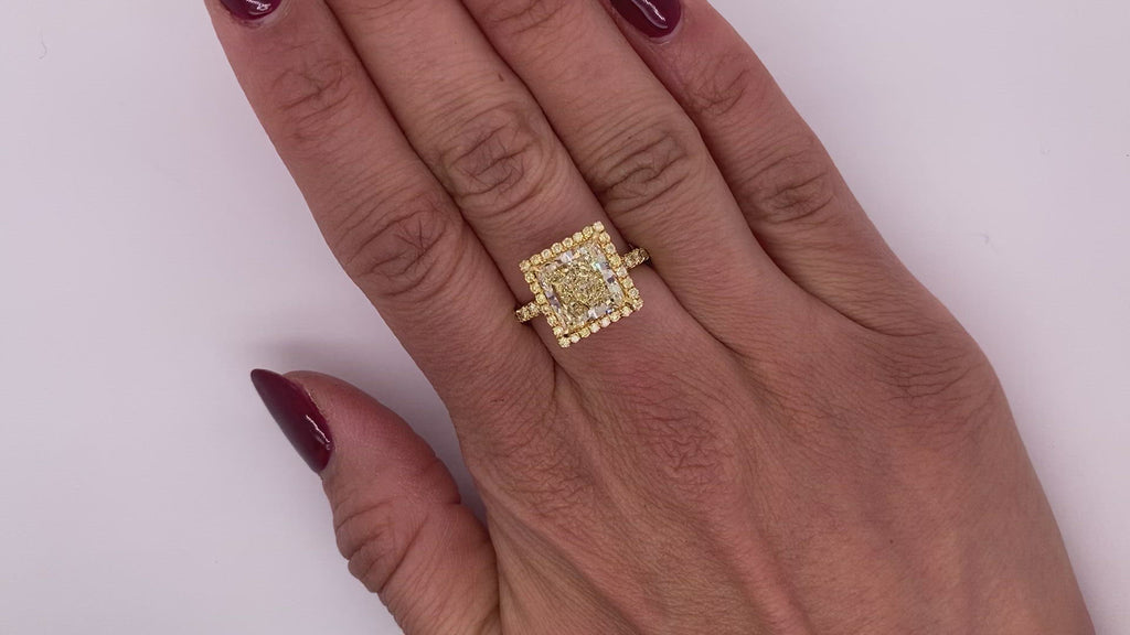 Yellow Diamond Ring Princess Cut 4 Carat Halo Ring in 18K Yellow Gold Video on Hand