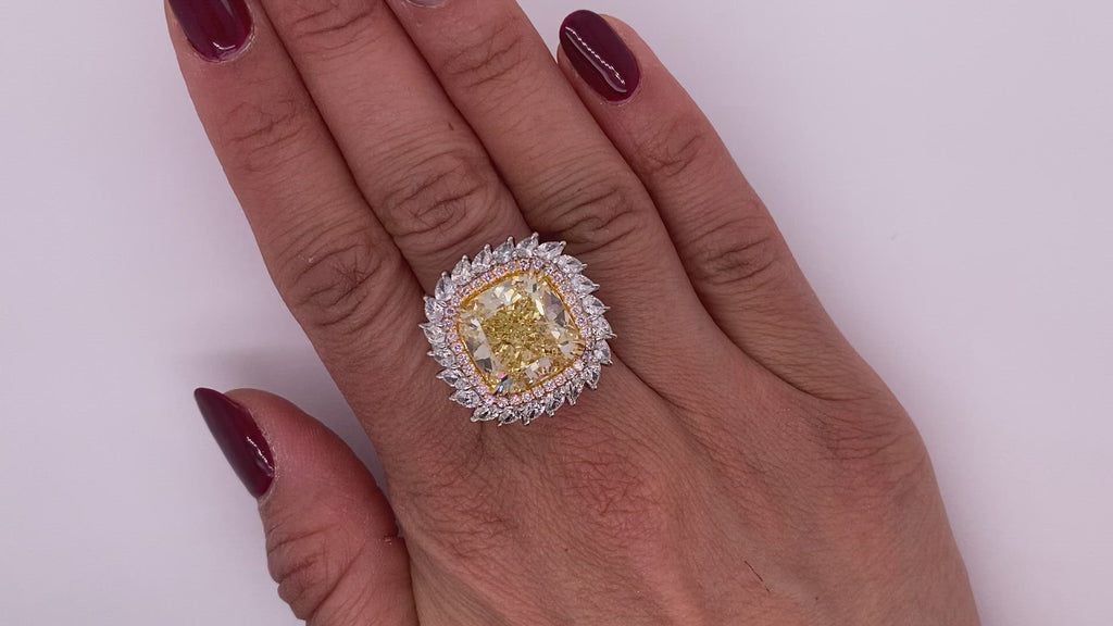 Yellow Diamond Ring Cushion Cut 16 Carat pear Diamonds Halo Ring in Platinum Video on Hand