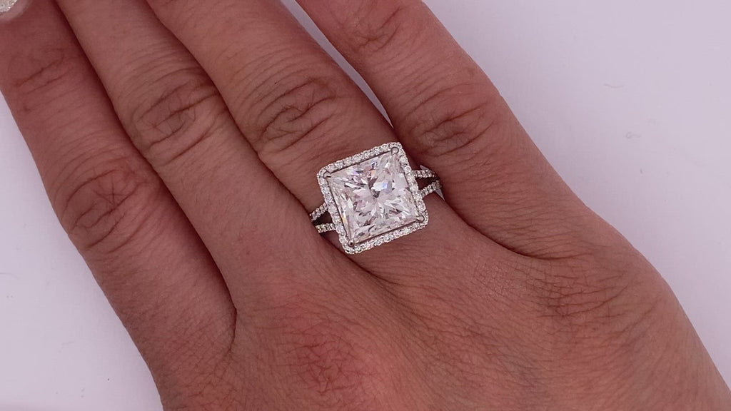 Diamond Ring Princess Cut 6 Carat Halo Ring in 18K White Gold Video on Hand