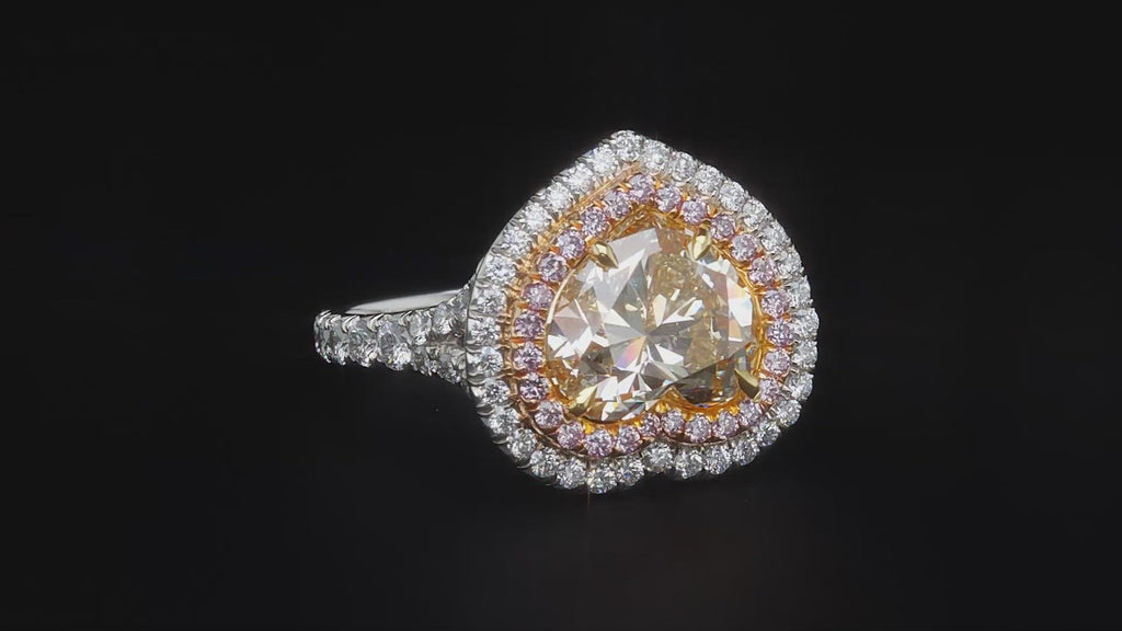 Yellow Diamond Ring Heart-Shape 6 Carat Double Halo  Ring in Platinum and 18K White Gold  360 View