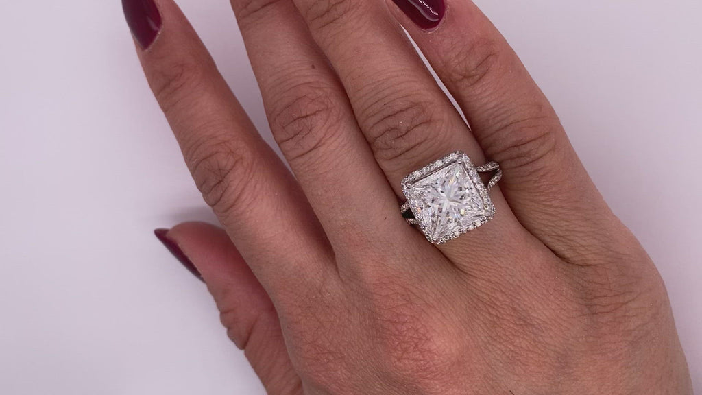 Diamond Ring Princess Cut 7 Carat Halo Ring in 18K White Gold  Video on Hand
