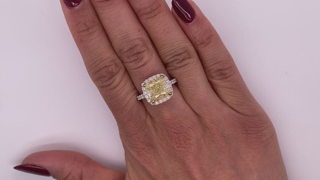 Yellow Diamond Ring Cushion Cut 6 Carat Halo Ring in 18k White Gold Video on Hand