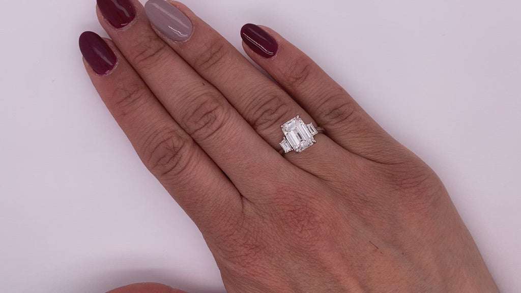 Diamond Ring Emerald Cut 3 Carat Three Stone Ring in Platinum Video on Hand