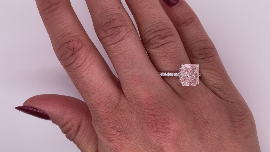 Pink Diamond Ring Radiant Cut 3 Carat Sidestone Ring in 18K White Gold  Video on Hand