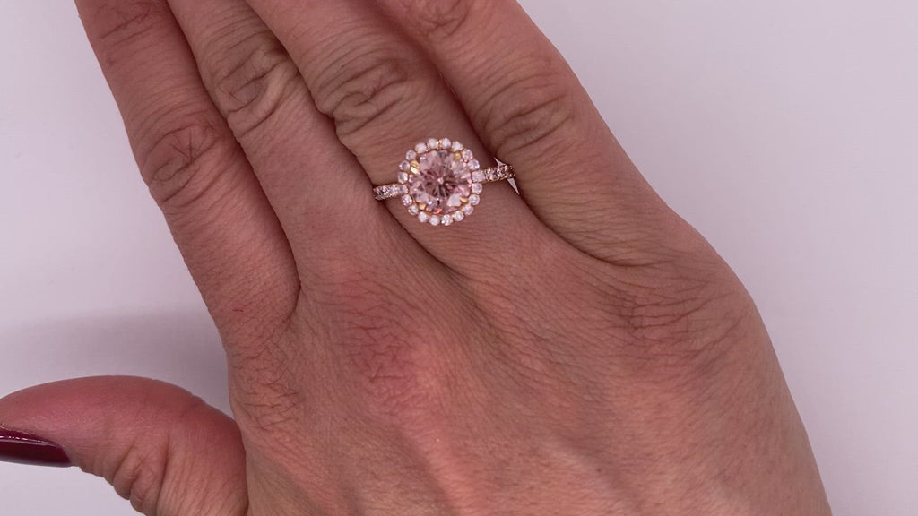 Orangy Pink Diamond Ring Round Cut 2 Carat Halo Ring in 18 K Rose Gold Video on Hand