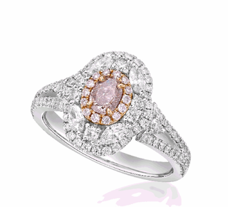 1 Carat Oval Cut Fancy Pink Halo Diamond Ring in 18k White gold with micrpave split shank