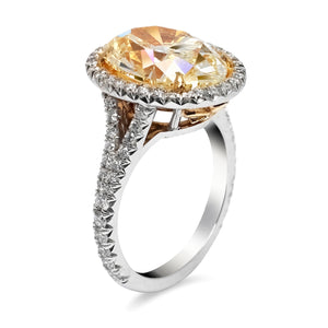 Yellow Diamond Ring Oval Cut 7 Carat Halo Ring in Platinum & 18K Yellow Gold Side View