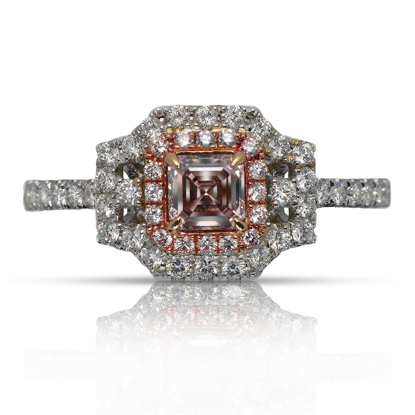 Diamond Ring Asscher Cut 0.35 Carat double halo diamond sidestone  ring in 18K  Gold Front View