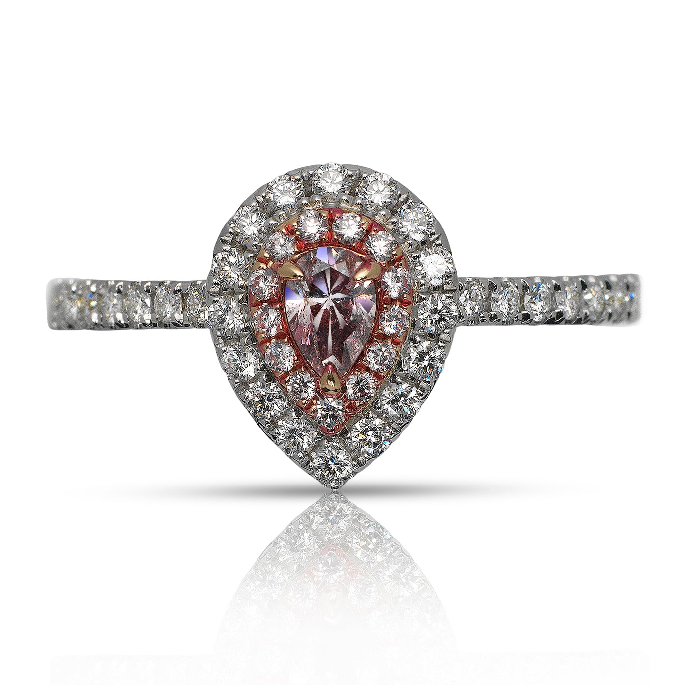 Pink Diamond Ring Pear Shape Cut  Double Halo in 18k Rose & White Gold Front View