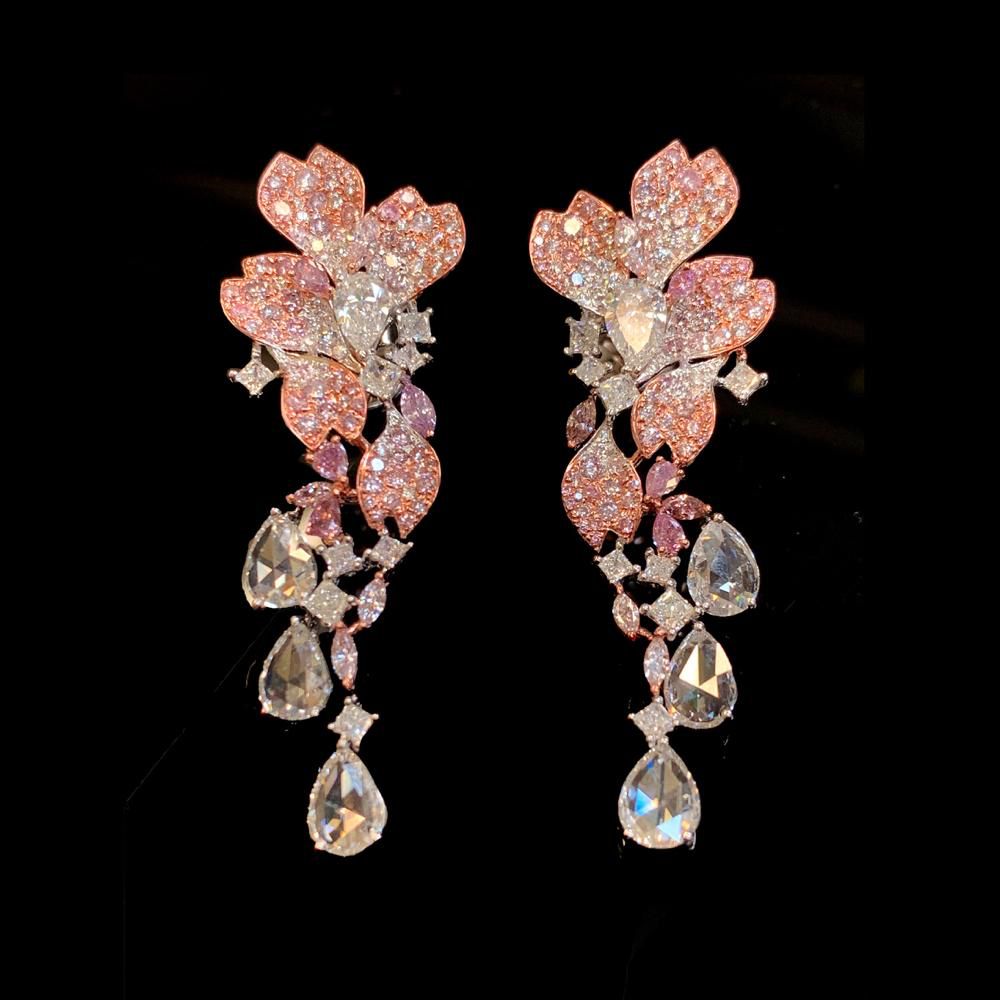 Pink Diamond Earrings Pear Shape 6 Carat Sidestone Earrings in 18K White Gold Front View