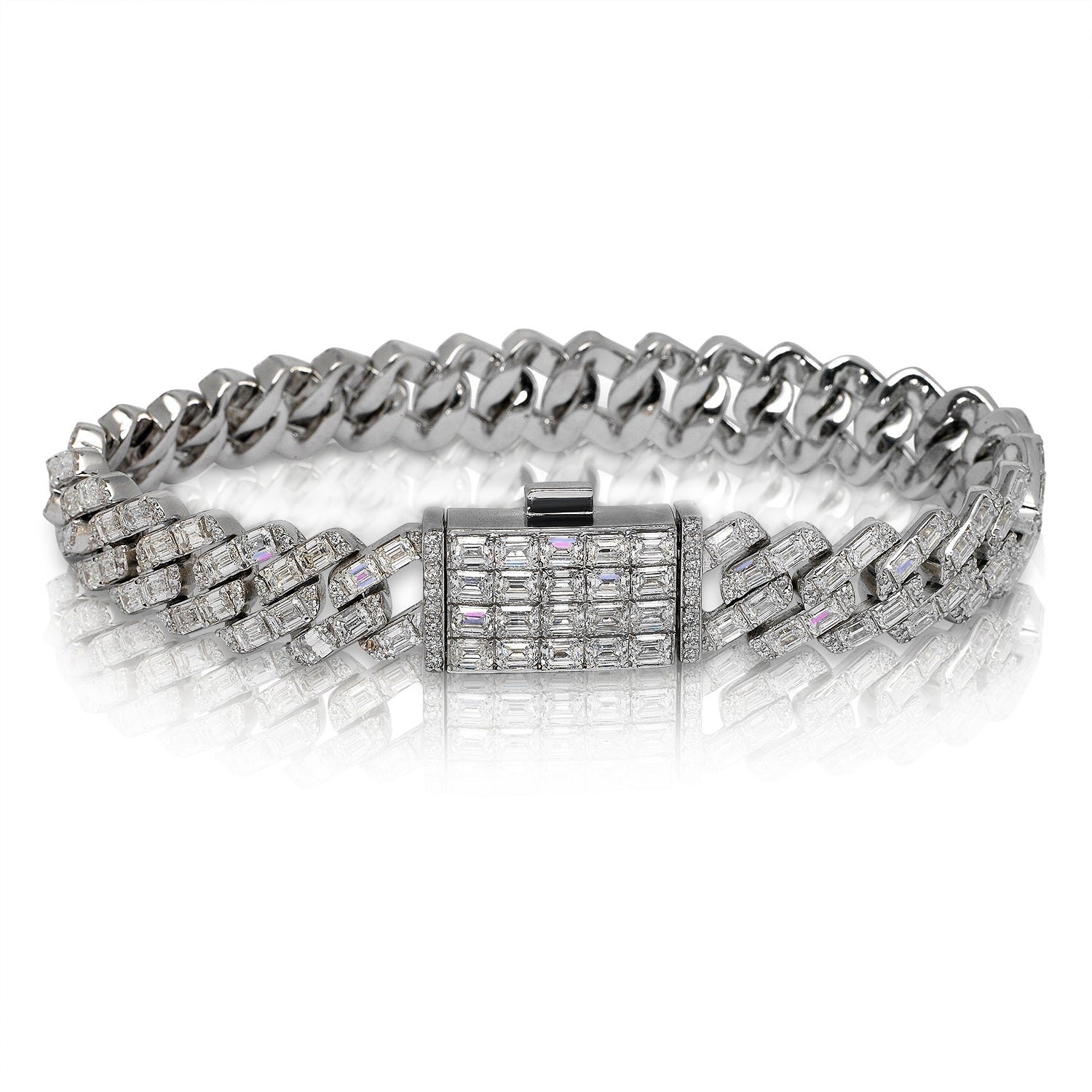 Men's Diamond Cuban Link Chain Bracelet  17 carat in 14K White Gold Front View
