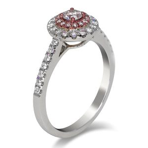 Orangy Pink Diamond Ring Round Cut Halo Ring in 18K White Gold Side View